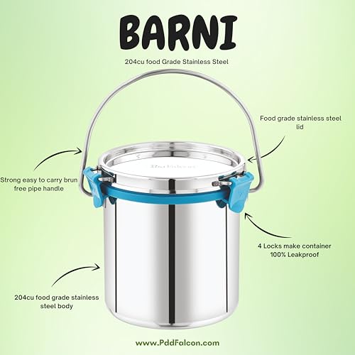 PDDFALCON Stainless Steel Akhand - Jointless Milk Can/Oil Can/Milk Barni/Oil Pot with Lid,100% LeakProof BIS Certified, Jindal Seal & Made In India Silver (Barni 2200ml, Sea Green) - Image 2