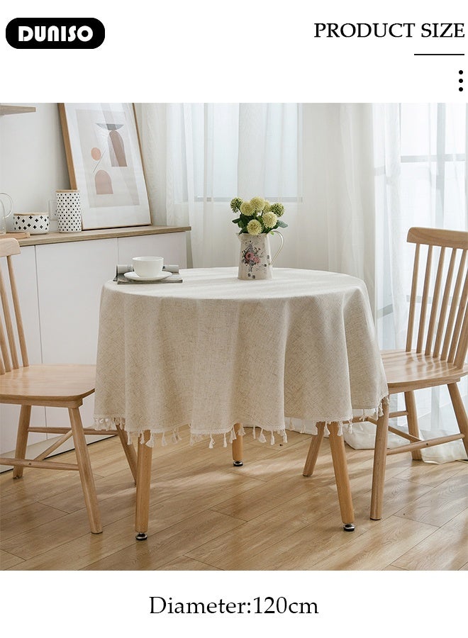 DUNISO Round Tablecloth,Cotton Linen Texture Solid Color Tassel Tablecloth,Simplicity and Fashion Table Cloth Tassel Cotton Linen Table Cover for Kitchen Dining Room Tabletop Decorations - Image 2