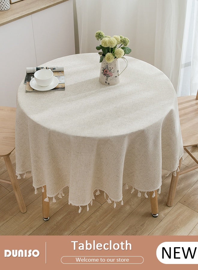 DUNISO Round Tablecloth,Cotton Linen Texture Solid Color Tassel Tablecloth,Simplicity and Fashion Table Cloth Tassel Cotton Linen Table Cover for Kitchen Dining Room Tabletop Decorations - Image 1