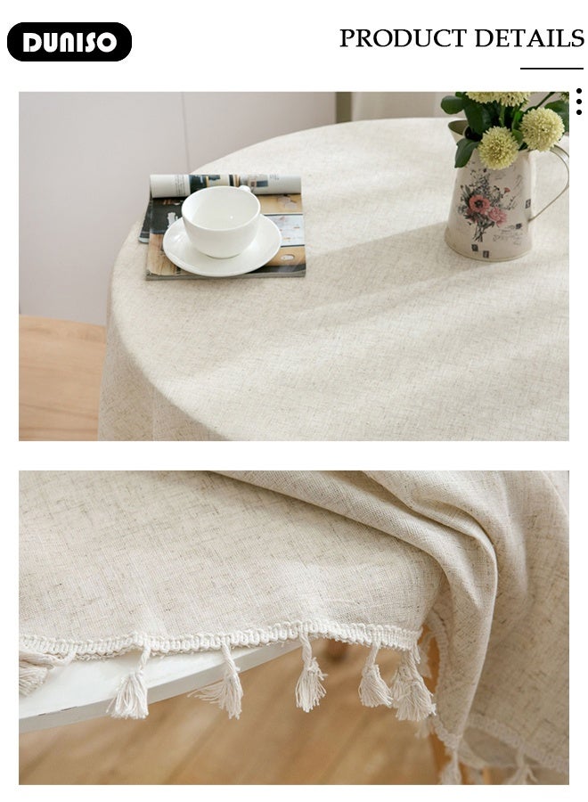 DUNISO Round Tablecloth,Cotton Linen Texture Solid Color Tassel Tablecloth,Simplicity and Fashion Table Cloth Tassel Cotton Linen Table Cover for Kitchen Dining Room Tabletop Decorations - Image 3