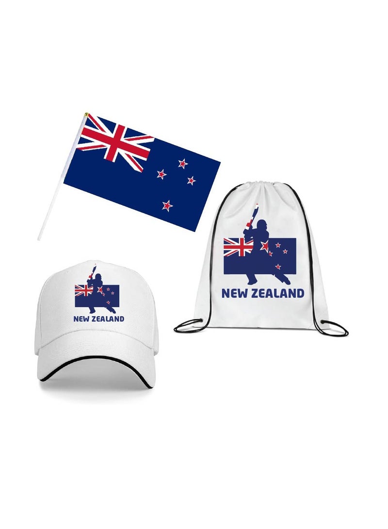 New Zealand Sports Fans Set - Pack of 3 Combo - Cap, Drawstring Bag, and Hand Flag - Ideal for Matches, Events, and Everyday Use - Perfect for Sports Fans - Image 1