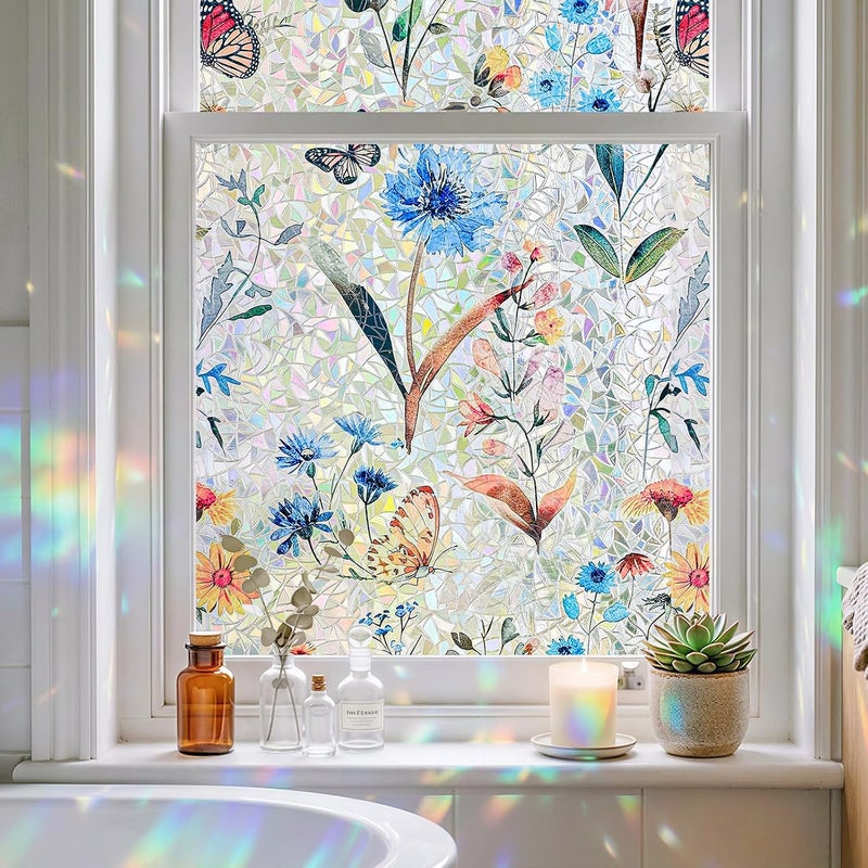 ADD.HERES Window Privacy Film, Stained Glass Decorative Static Cling, Removable Laser Sun Blocking Vinyl Covering, Window Film for Home Kitchen Living Room, Butterfly Perch, 17.5" x 78.7" - Image 1