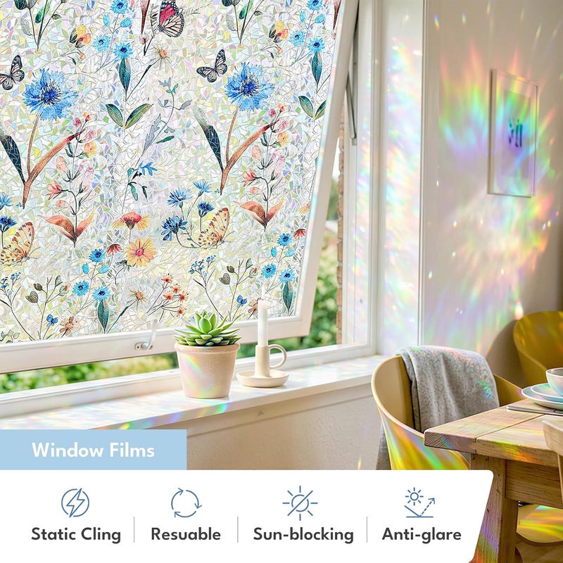 ADD.HERES Window Privacy Film, Stained Glass Decorative Static Cling, Removable Laser Sun Blocking Vinyl Covering, Window Film for Home Kitchen Living Room, Butterfly Perch, 17.5" x 78.7" - Image 3