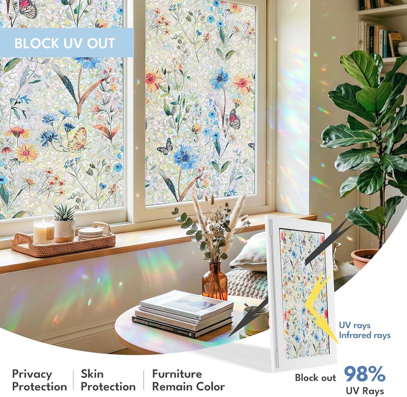 ADD.HERES Window Privacy Film, Stained Glass Decorative Static Cling, Removable Laser Sun Blocking Vinyl Covering, Window Film for Home Kitchen Living Room, Butterfly Perch, 17.5" x 78.7" - Image 4