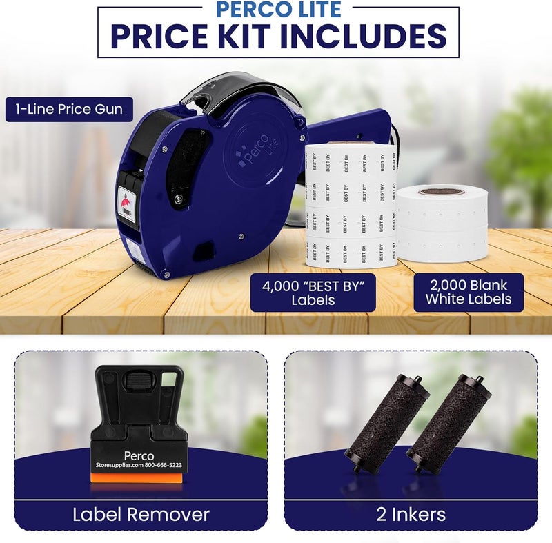 Perco Lite 1 Line Date Gun Kit - Includes 2 White Rolls, 4 Rolls of Best by Labels, 2 Ink Rollers - 1 Ink roll and Labels Pre-Loaded - Image 2
