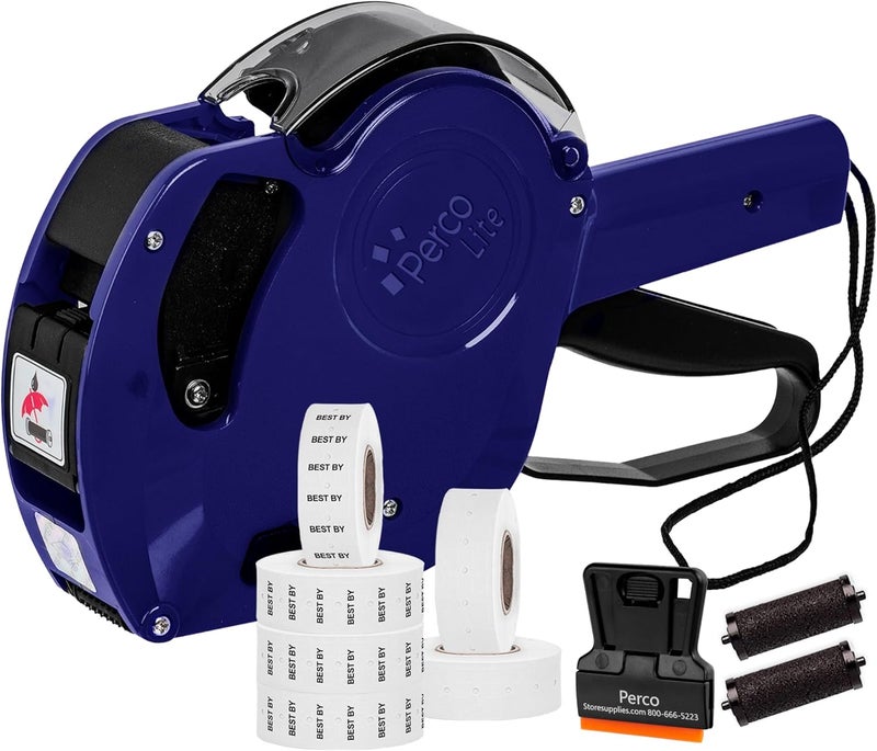 Perco Lite 1 Line Date Gun Kit - Includes 2 White Rolls, 4 Rolls of Best by Labels, 2 Ink Rollers - 1 Ink roll and Labels Pre-Loaded - Image 1
