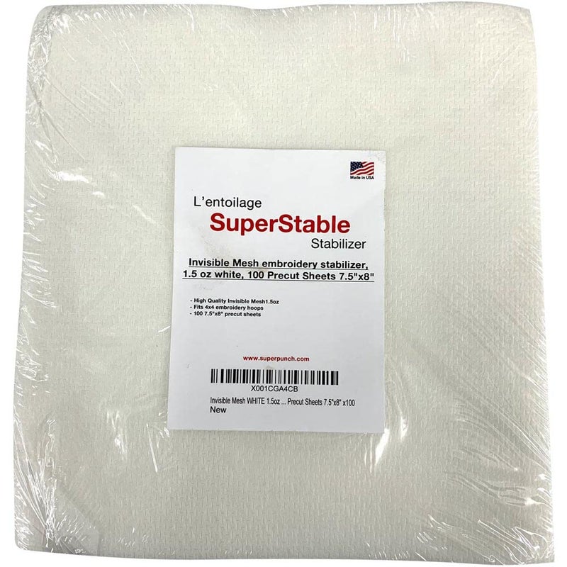 Superpunch Invisible No-Show Mesh Stabilizer, 1.5 oz Cutaway for Embroidery Machines-100 Precut Sheets 7.5inch x 8inch, SuperStable Lightweight Cut Away Machine Stabilizers Backing Made in USA(White) - Image 1