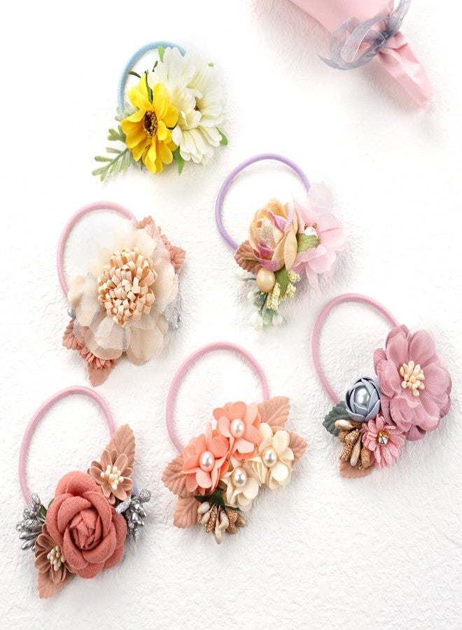 BBgifts 6 Pack Floral Hair Bows Ties Elastic Hair Bands Ponytail Holders, Faux Pearls Floral Hair Ties Hair Accessories for Women Girls Toddlers Kids Children - Image 4