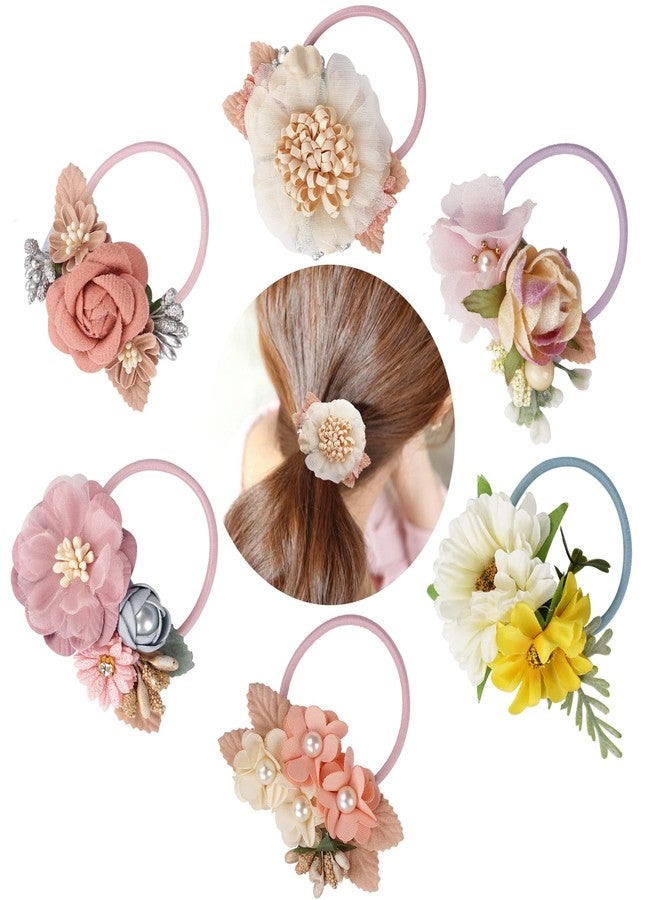 BBgifts 6 Pack Floral Hair Bows Ties Elastic Hair Bands Ponytail Holders, Faux Pearls Floral Hair Ties Hair Accessories for Women Girls Toddlers Kids Children - Image 1