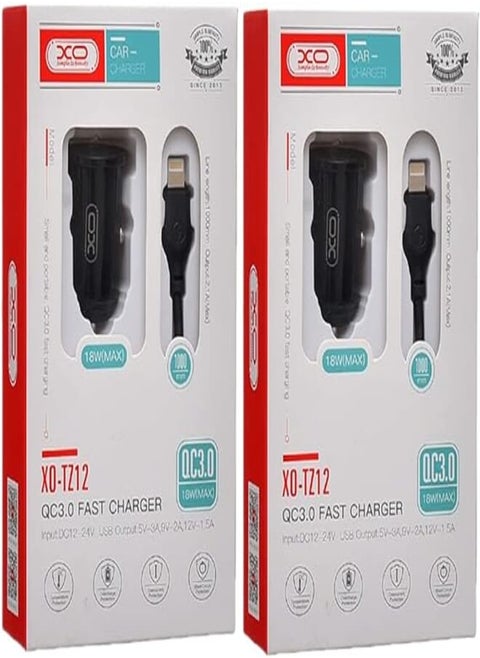 Xo tz12 qc3.0 car charger suit and lightning cable with 2.1a max 18w output and 2 usb output 1000mm set of 2 pieces - black