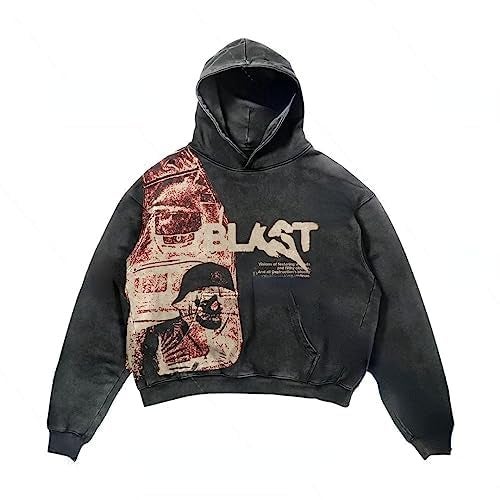 Obenie Retro Y2K Hoodie Gothic Casual Alphabet Blast Print Pattern Skull Fashion Hoodie Men Harajuku Men Clothing (black,L,Large) - Image 2