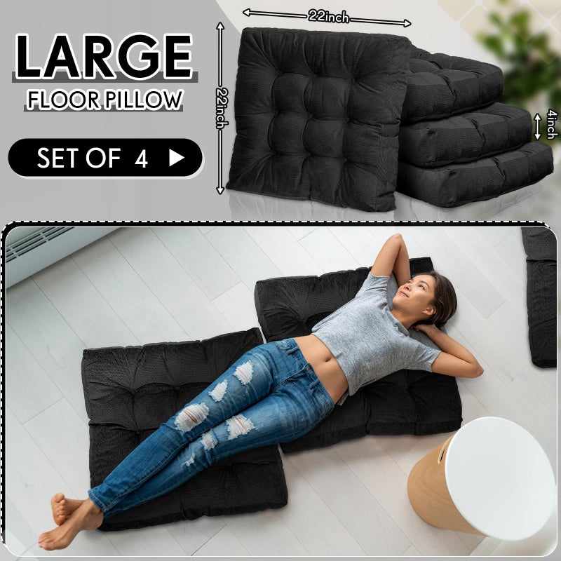 Jerify 4 Pcs Floor Pillow Cushions 22 x 22 Inch Round Square Large Meditation Floor Pillow for Classroom Adult Meditation Picnic Party Seating Learning Daycare School (Square,Black) - Image 2