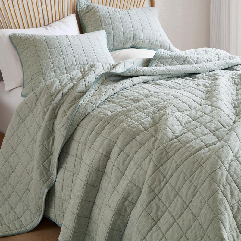 Hyde Lane Linen Quilt Set King Size - Breathable Box Stitched European Flax Bedding Set for Bedspread and Coverlet, with 2 Pillow Shams, 106"x96", Sage - Image 1