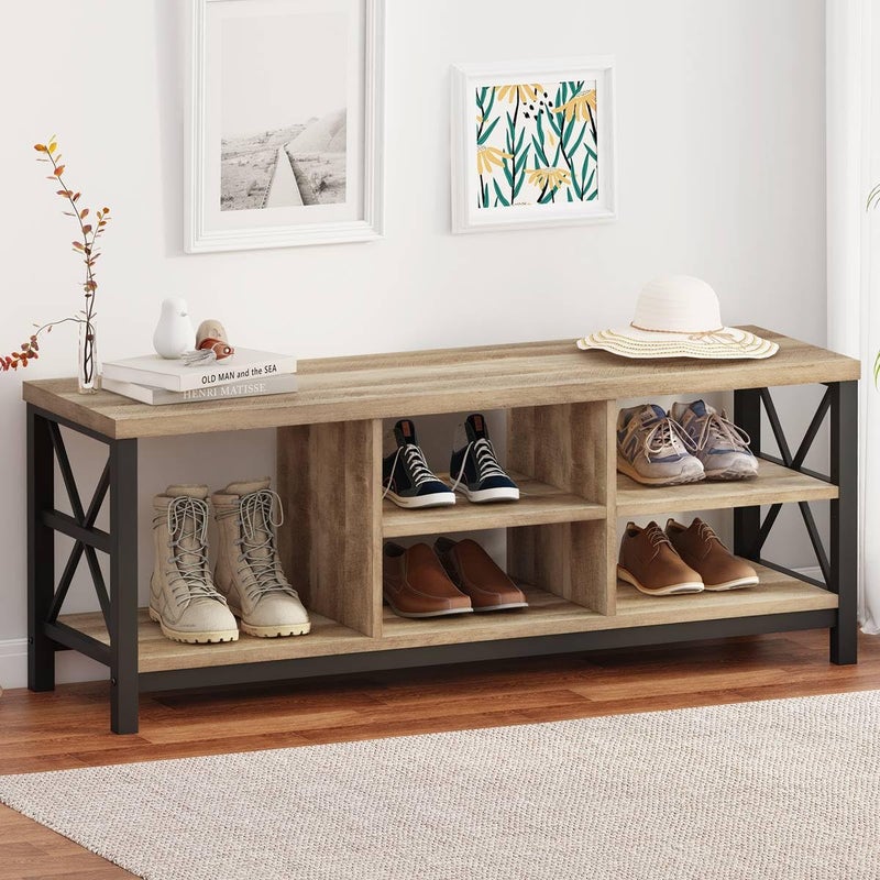 FATORRI FATORRI Shoe Bench Entryway with Storage Industrial Wood and Metal Hallway Benches with Adjustable Shelves Rustic Entry Way Bench for Living Room 4724 Inch Long Rustic Oak