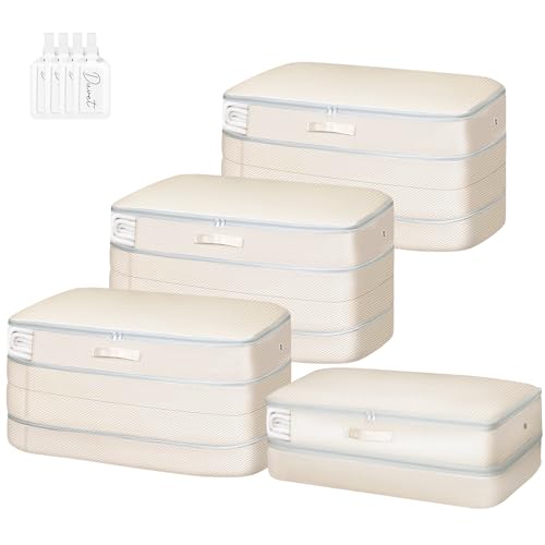 Easortm Comforter Storage Bag - Large Capacity Bedding Storage Bags Ultra Space Saving Self Compression Organizer, Washable Compression Bags for Storage Comforter Blanket Duvet Pillow, 4-Pack, Beige - Image 1