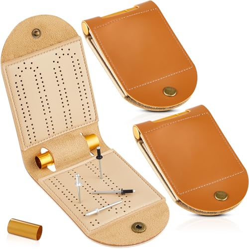 Liliful 2 Pack Travel Cribbage Board Game Sets Portable Foldable Leather Mini Cribbage Board Each Set with 4 Metal Pegs 2 Track 1 Storage Slot for Travel Friends Family Game Nights Gift - Image 1
