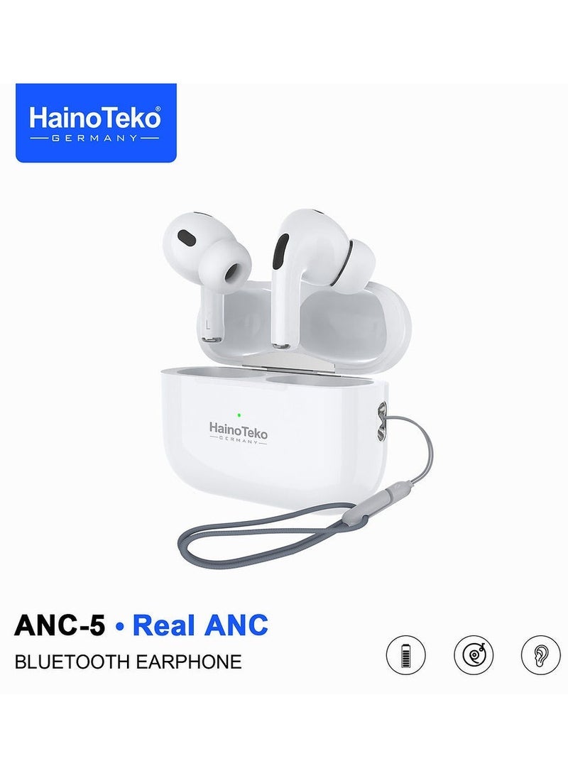 Haino Teko ANC-5 Bluetooth Earphone White with Real Active Noise Cancellation | High-Quality Sound with Deep Bass | Smart Touch Controls for Easy Use | HD Clear Microphone for Crystal Clear Calls | Compatible with Android Mobiles and Tablets | Comfortable Fit for All-Day Wear
