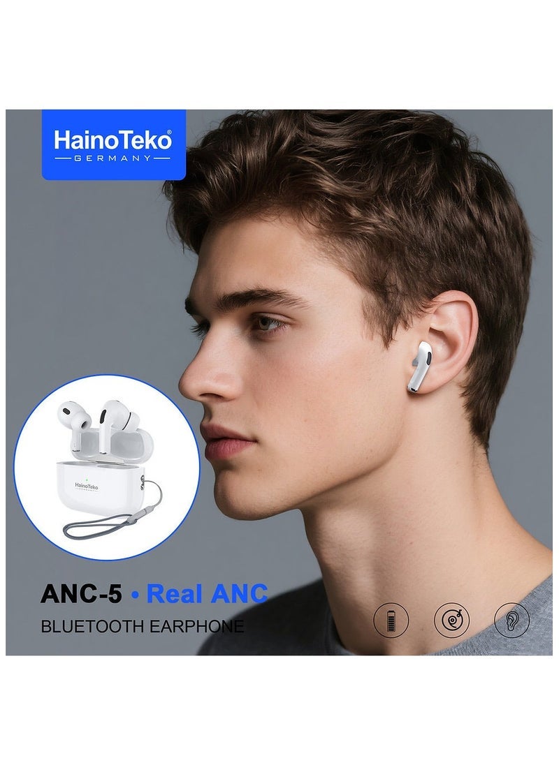 HainoTeko Haino Teko ANC-5 Bluetooth Earphone White with Real Active Noise Cancellation | High-Quality Sound with Deep Bass | Smart Touch Controls for Easy Use | HD Clear Microphone for Crystal Clear Calls | Compatible with Android Mobiles and Tablets | Comfortable Fit for All-Day Wear - Image 2
