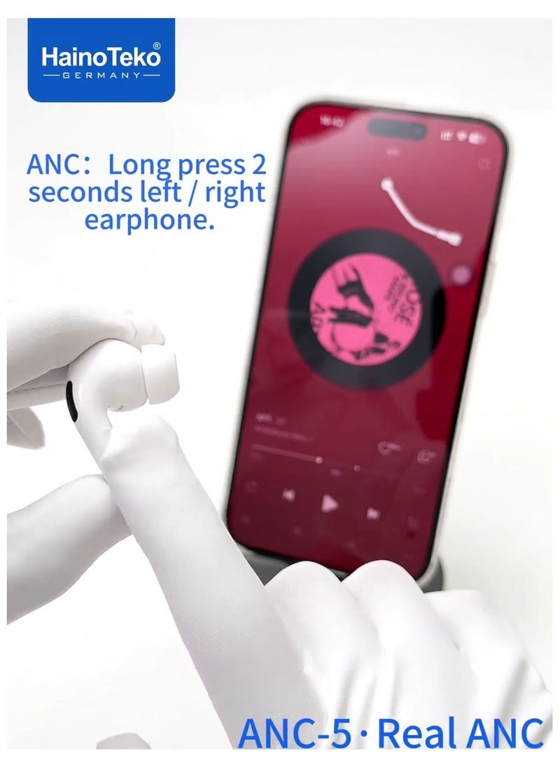 HainoTeko Haino Teko ANC-5 Bluetooth Earphone White with Real Active Noise Cancellation | High-Quality Sound with Deep Bass | Smart Touch Controls for Easy Use | HD Clear Microphone for Crystal Clear Calls | Compatible with Android Mobiles and Tablets | Comfortable Fit for All-Day Wear - Image 3