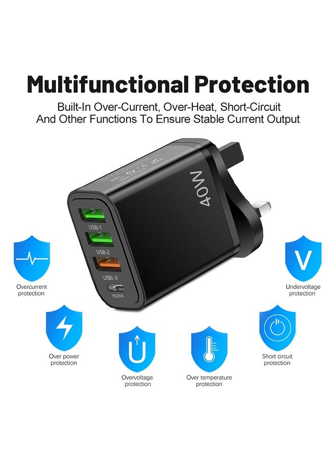 HY 4 Ports USB A Charger Plug Type C 40W PD 25W Fast Wall Mains Power Delivery Adapter for Laptops, MacBook Pro/Air, Steam Deck, iPad, iPhone 15 Series,Samsung, Huawei, Oneplus, Xiaomi,Lenovo Black - Image 5