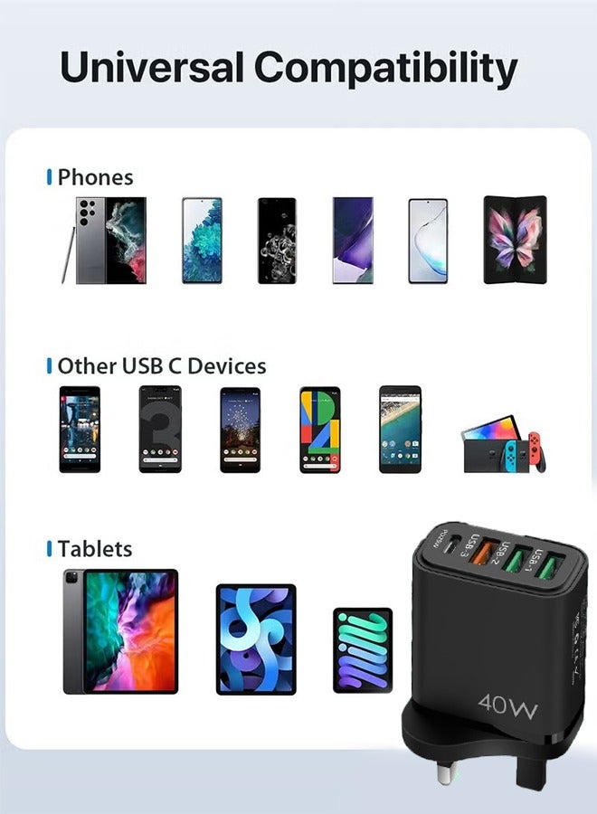 HY 4 Ports USB A Charger Plug Type C 40W PD 25W Fast Wall Mains Power Delivery Adapter for Laptops, MacBook Pro/Air, Steam Deck, iPad, iPhone 15 Series,Samsung, Huawei, Oneplus, Xiaomi,Lenovo Black - Image 4