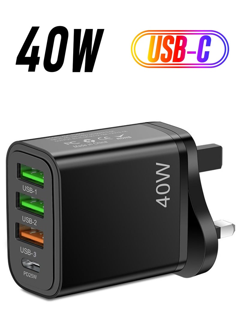 HY 4 Ports USB A Charger Plug Type C 40W PD 25W Fast Wall Mains Power Delivery Adapter for Laptops, MacBook Pro/Air, Steam Deck, iPad, iPhone 15 Series,Samsung, Huawei, Oneplus, Xiaomi,Lenovo Black - Image 1