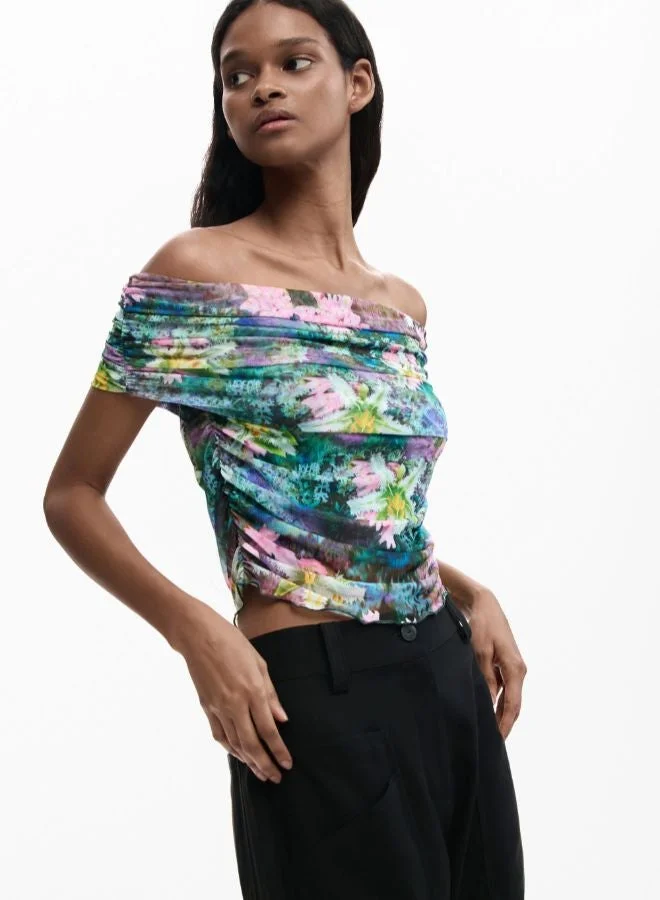 Desigual Green Floral boat neck t-shirt for Women | Best Price UAE