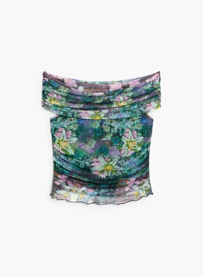 Desigual Green Floral boat neck t-shirt for Women | Best Price UAE