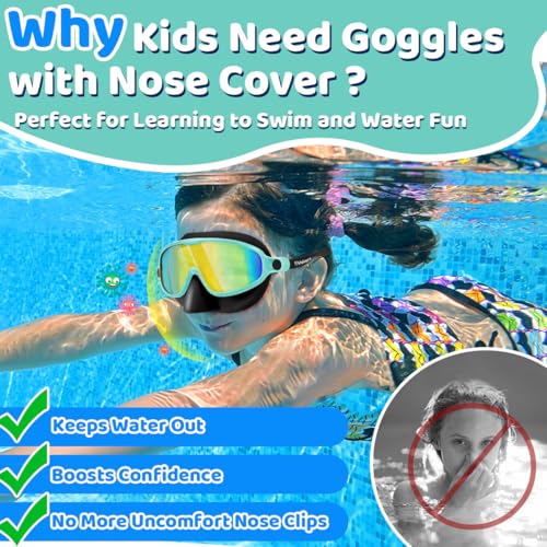 Vvinca Swim Goggles with Nose Cover, Kids Toddlers Swimming Goggles Diving Mask Comfort Wide View No Hair-Pulling Anti-Fog UV Swim Glasses No Leaks Pool Goggles for Aged 3-14 Boys Girls Teens Gift - Image 2