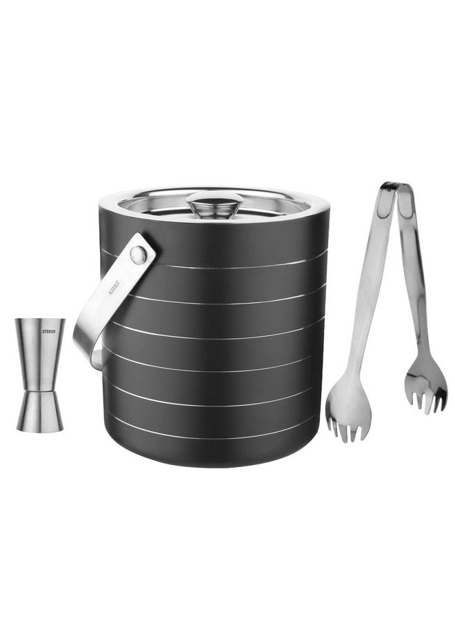 Steren Impex | Stainless Steel 3 Piece Black Ring Bar Set for Drink/Gift, Double Wall - Ice Bucket, Tong & Peg Measure - Image 1