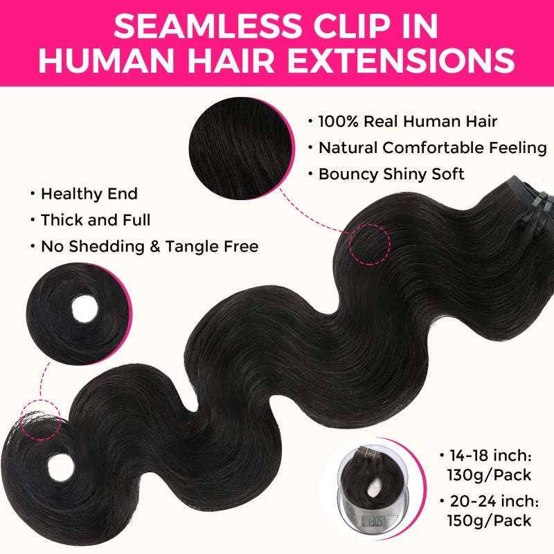 Lashey Body Wave Seamless Clip in Hair Extensions 150g Natural Black Real Human Hair 24 Inch Long PU Soft Invisi Edge for Women - Image 3