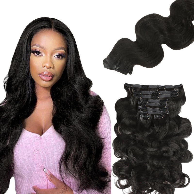 Lashey Body Wave Seamless Clip in Hair Extensions 150g Natural Black Real Human Hair 24 Inch Long PU Soft Invisi Edge for Women - Image 1