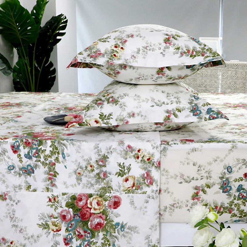 FADFAY Rose Sheets Floral Bed Sheets Queen 100 Cotton Off White Victorian Flower Printed Shabby Vintage Antique Bedding Soft Natural Cotton Deep Pocket Fitted Sheet 4Pcs Queen