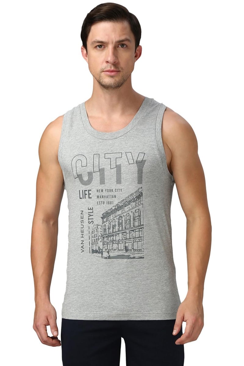 Van Heusen Men Cotton Blend Letter Print Regular Fit Vest (70021_Grey Melange City, Small) - Image 1