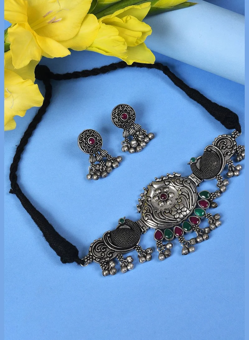 SOHI Silver Plated Designer Stone Necklace and Earrings Set