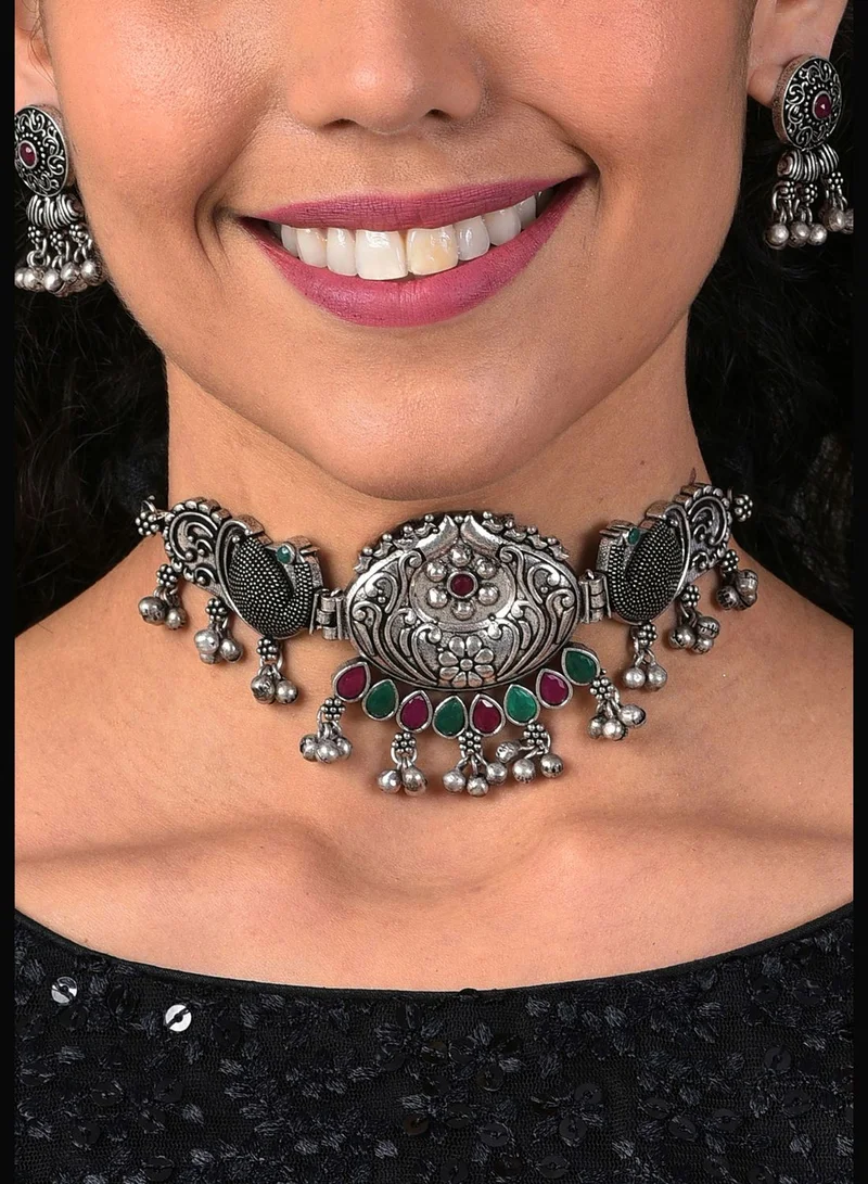 SOHI Silver Plated Designer Stone Necklace and Earrings Set