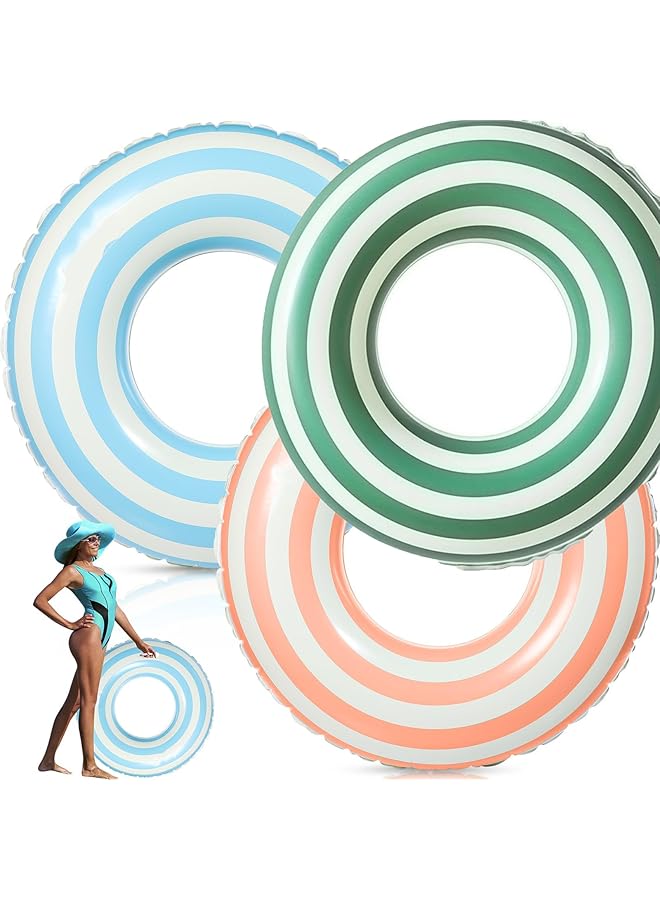 KASTWAVE 3Pcs Pool Tube With Handles Retro Orange Green Blue Striped Swim Pool Rings Inflatable Float Loungers Tube For Summer Swimming Pool Beach Bachelorette Party 30 X 14 Inch - Image 1