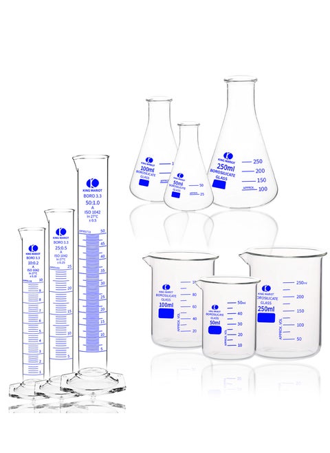 9 Pieces Set King Mariot | Glass Graduated Laboratory Glassware Set | Borosilicate 3.3 Glass | Accurate Measurement Set for Laboratory Experiments