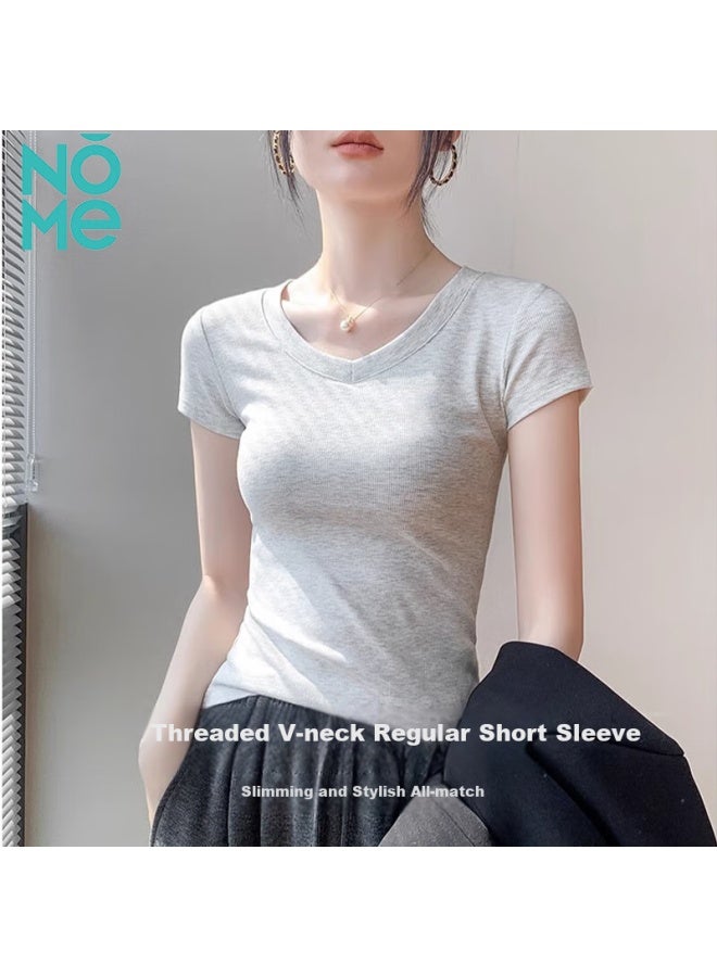 Nome Women's V-neck Short Sleeve T-shirt Slim Fit Inner Wear Top Linen Gray M - Image 1