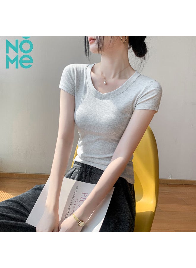 Nome Women's V-neck Short Sleeve T-shirt Slim Fit Inner Wear Top Linen Gray M - Image 3