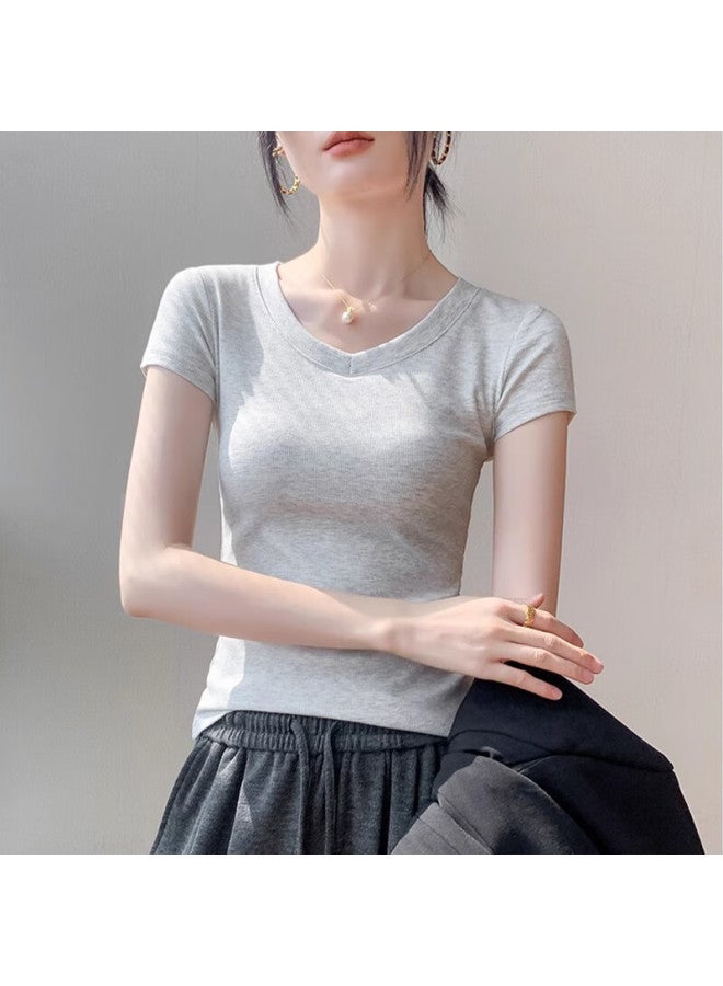 Nome Women's V-neck Short Sleeve T-shirt Slim Fit Inner Wear Top Linen Gray M - Image 4