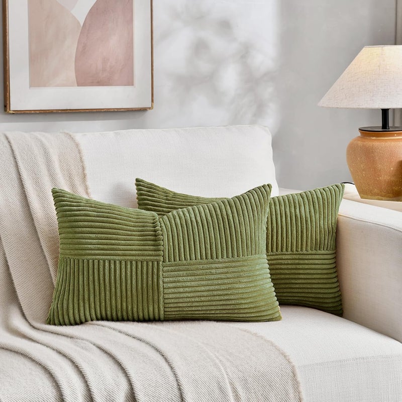 Fancy Homi غطاءان وسائد زخرفية من فانسي هومي بطبعة ريفية بوهيمية باللون الترابي مقاس 18x18 بوصة للأريكة والسرير والأسرة، ديكور منزل ريفي خريفي، غطاء وسادة ناعم من قماش الكوردوروي المزخرف بتقنية الترقيع والملمس المحبب مقاس 45x45 سم - Image 5