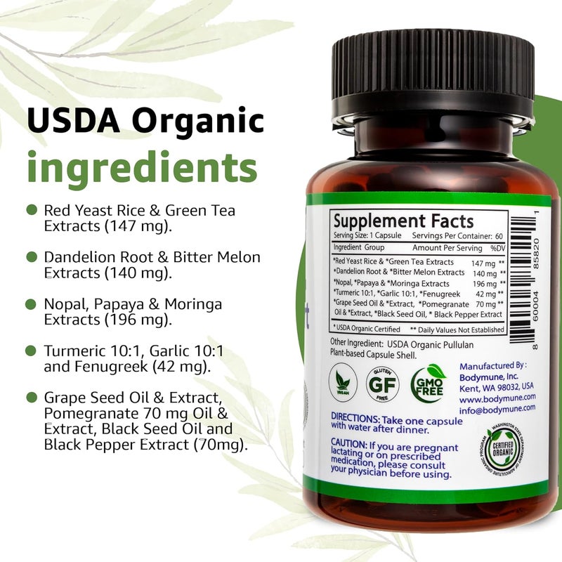 Bodymune CholesterolSupport Heart Health Blend  USDA Organic Supplement wExtracts of Green Tea Dandelion Bitter Melon Moringa  60Day Supply  Vegan NonGMO GlutenFree Made in USA - Image 3
