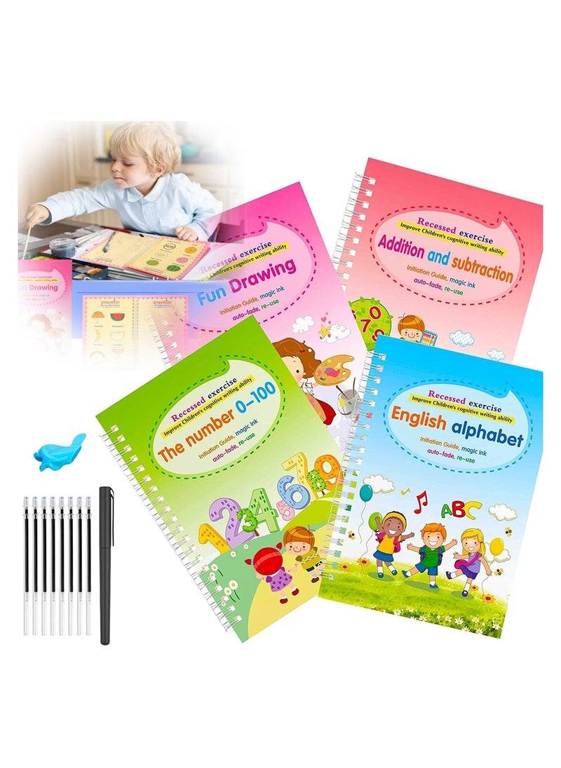 Y&D - 4 Books with Pens Magic Copybook Reusable Handwriting Tracing Practice kit Preschool Calligraphy Set for Preschools Grooves Template Design and Aid - Image 1