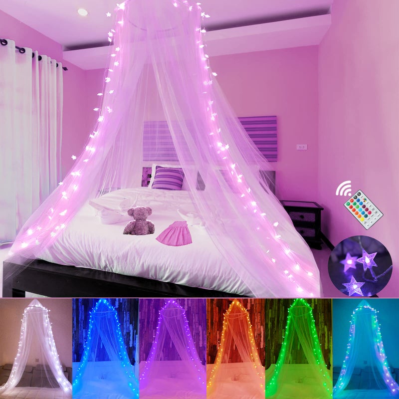 Obrecis Obrecis Bed Canopy with LED Star Lights, Princess Canopy Bed Curtain with 18 Colors Changing String Lights Remote Timer for Girls Bedroom, Pink Red Blue White Dome Canopy for Twin to King Size Bed  - Image 1