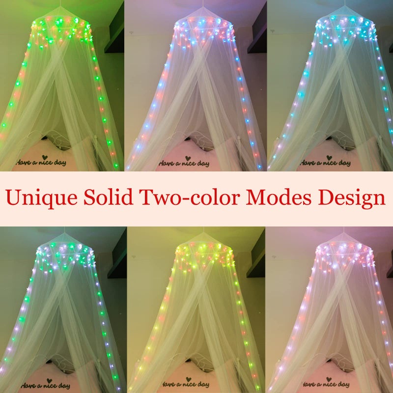 Obrecis Obrecis Bed Canopy with LED Star Lights, Princess Canopy Bed Curtain with 18 Colors Changing String Lights Remote Timer for Girls Bedroom, Pink Red Blue White Dome Canopy for Twin to King Size Bed  - Image 5
