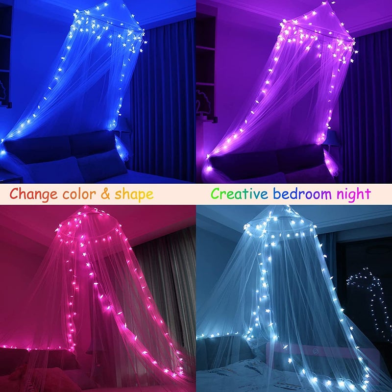 Obrecis Obrecis Bed Canopy with LED Star Lights, Princess Canopy Bed Curtain with 18 Colors Changing String Lights Remote Timer for Girls Bedroom, Pink Red Blue White Dome Canopy for Twin to King Size Bed  - Image 2
