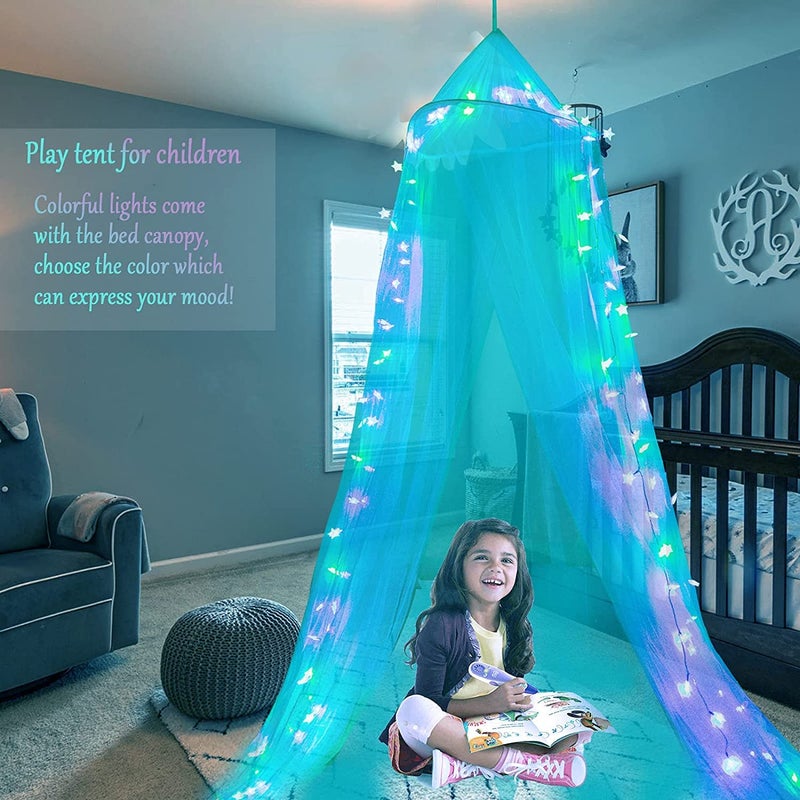 Obrecis Obrecis Bed Canopy with LED Star Lights, Princess Canopy Bed Curtain with 18 Colors Changing String Lights Remote Timer for Girls Bedroom, Pink Red Blue White Dome Canopy for Twin to King Size Bed  - Image 3
