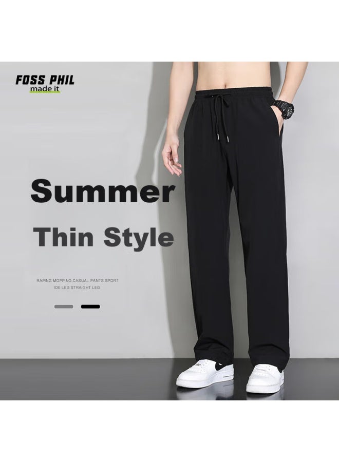 Foss Phil Men's American High Street Casual Wide Leg Loose Fit Sports Straight Ice Silk Pants Spring Summer Long Pants 220 Black 4XL - Image 1