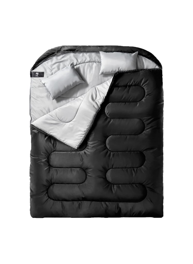 Generic Double Sleeping Bag Lightweight Waterproof for Adult and Kids Queen Size Two Person Camping Sleeping Bag with Compression Bag Sleeping Pillow Backpacking for Cold Weather Outdoor Camping Hiking and Travel（Black） - Image 1